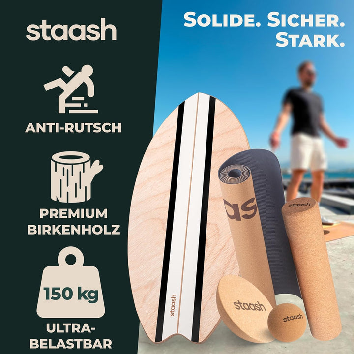 STAASH® PRO Balance Board - Premium Birkenholz mit 5 Trainings-Modulen | Komplettset für Core, Balan