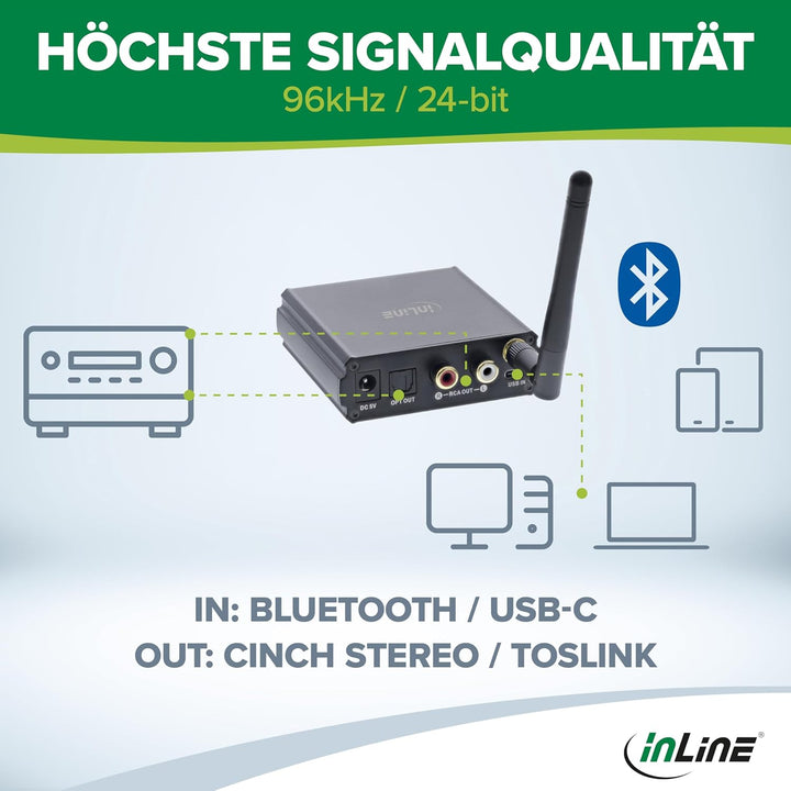 InLine Bluetooth 5.1 HiFi Audio Receiver, Empfänger, USB-C, Cinch Stereo, optischer Toslink Anschlus
