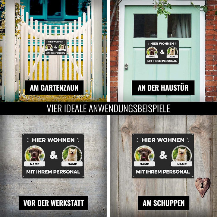 Hunde Schild personalisiert - Hier wohnt mit Personal - Metallschild mit Foto und Name für aussen, w