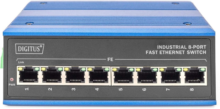 DIGITUS Netzwerk-Switch - 8-Port Fast Ethernet - DIN-Rail Montage - Klemmleiste - Lüfterlos - Schwar