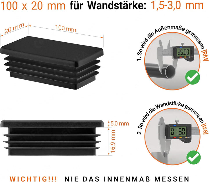 EMFA Lamellenstopfen für Rechteckrohre 100x20 mm Schwarz 10 Stück Rechteckstopfen 20x100, 10x2 cm 20