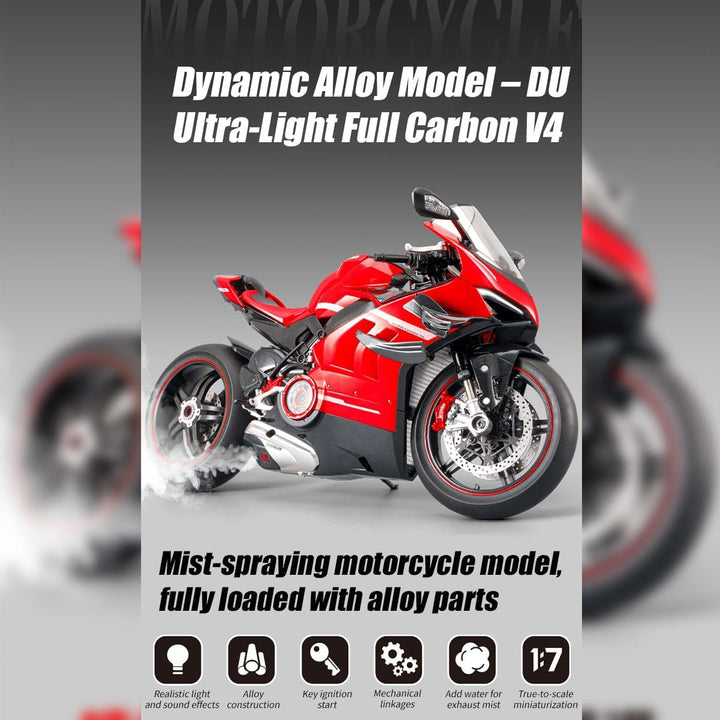 1/7 Legierung Dynamisches Motorrad Modell, V4 Top Edition mit Zündsystem Rauchspray, Kohlefaser Mech