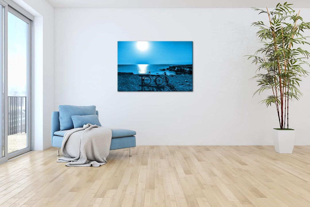 Fahrrad Tour an der Küste Format: 80x60 Effekt: Monocrome Blau als Leinwand, Motiv fertig gerahmt au