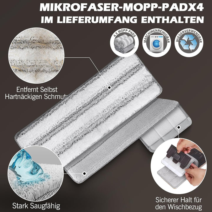MASTERTOP Flach Mopp mit Eimer und 6 Mikrofaser Moppkopf, Hand-Frei Wischmop & Bodenwischer mit ausw