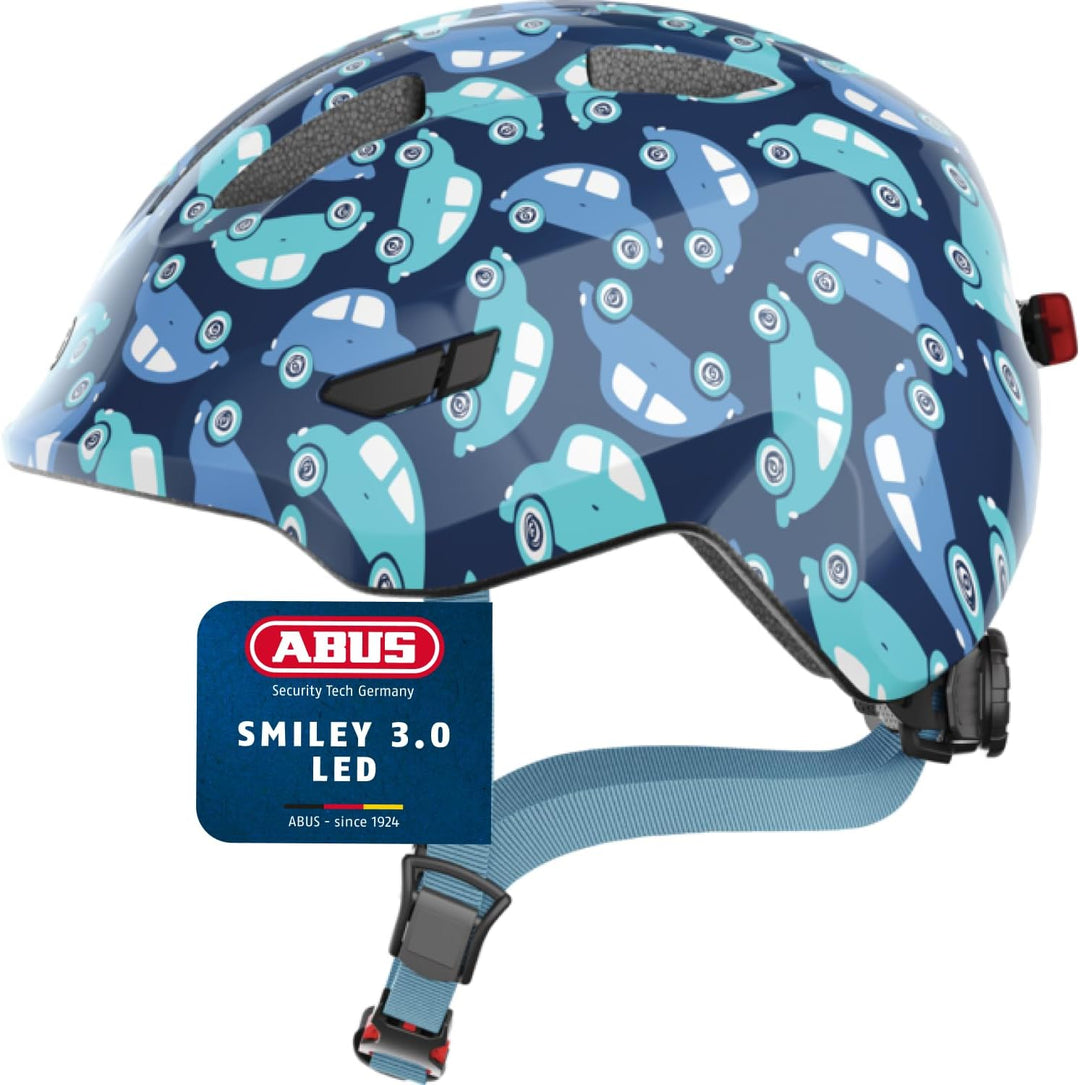 ABUS Kinderhelm Smiley 3.0 LED - Fahrradhelm mit Licht - tiefe Passform & Platz für einen Zopf - für