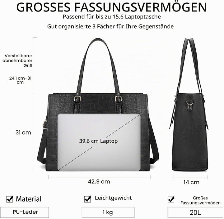 Lubardy Handtasche Damen Shopper Damen Gross Schwarz Laptop Tasche 15.6 Zoll Elegant PU Leder Umhäng