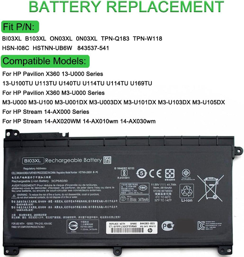 XITAIAN 41.7Wh 11.55V BI03XL Ersatz Laptop Akku für HP HSTNN-LB7P 844203-850 843537-421 BI03XL