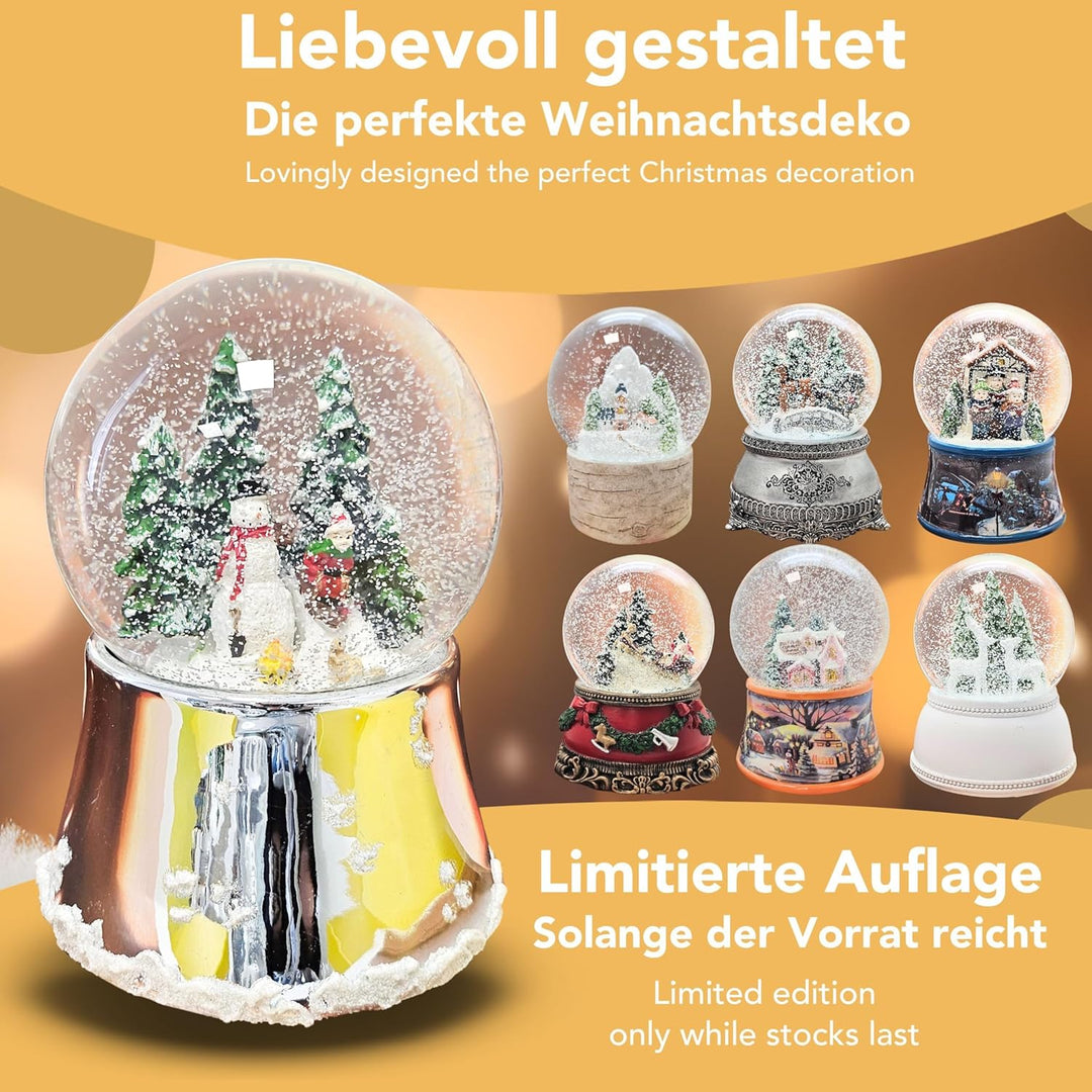 Schneekugel Weihnachten Spieluhr | Schneemann Steht mit Kind auf Schlitten | Sockel Silber glänzend