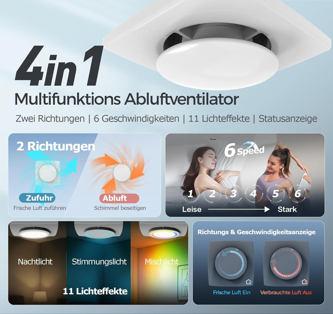 Abluftventilator 100mm mit Fernbedienung, 11 Lichtmodi, Bidirektional, 6 Geschwindigkeiten, Speicher
