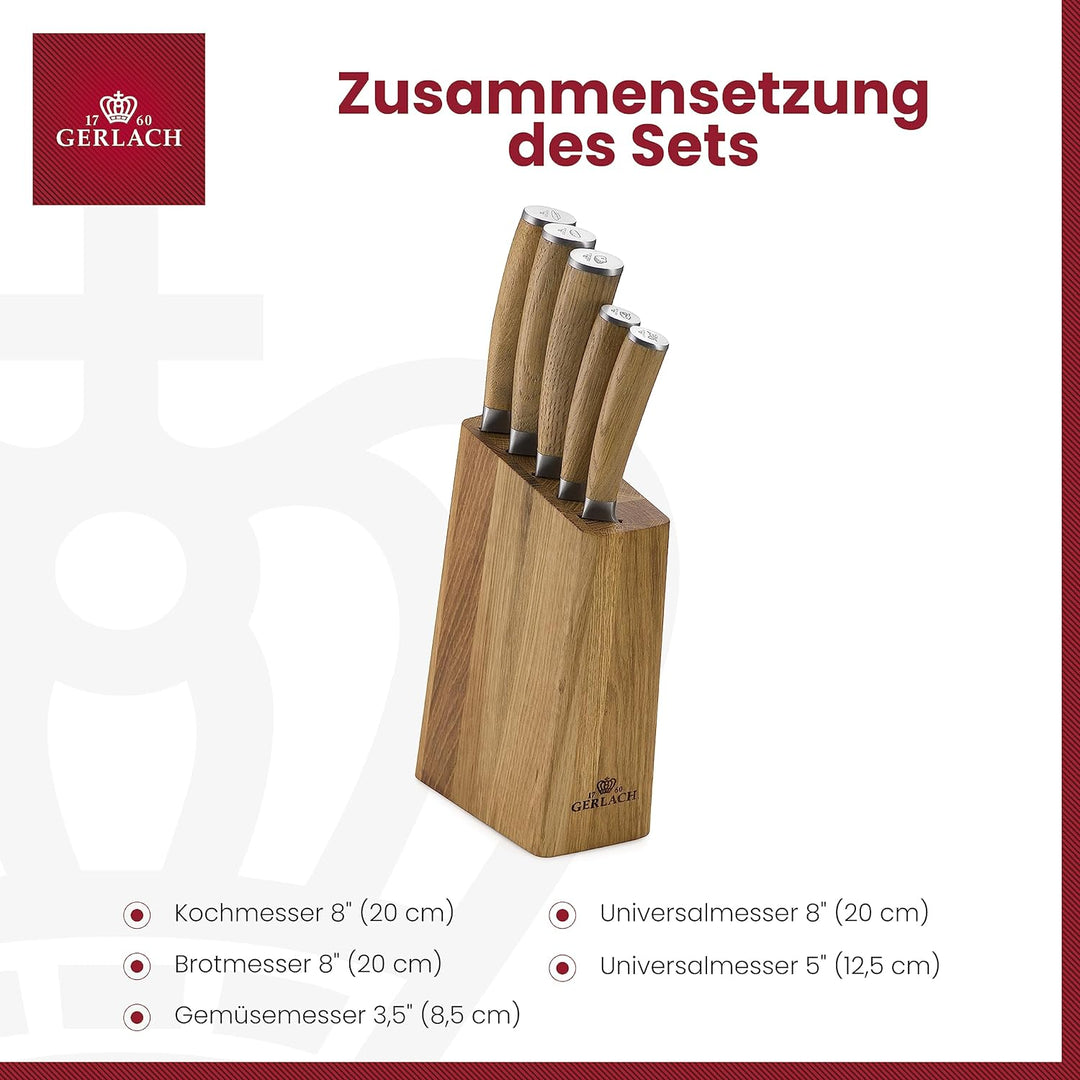 Gerlach Natur Messerblock Messerset Küchenmesserset 5 Messer aus Edelstahl Buchenholz Küchenmesser i