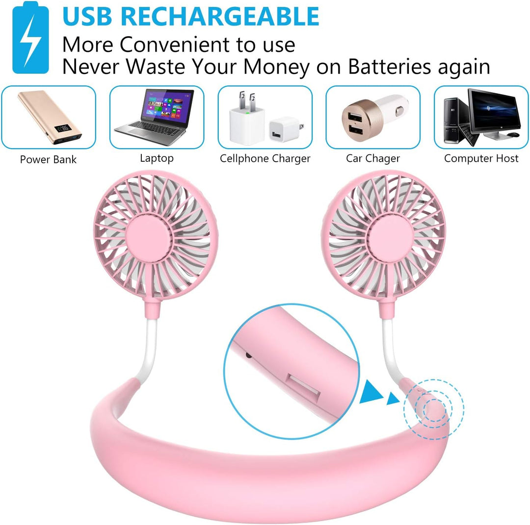 Halsventilator,Nackenventilator USB Ventilator Hals,Neck Fan,Leise,3 Geschwindigkeiten,LED-Licht,Tra