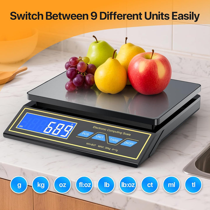 Küchenwaage 30kg,Edelstahl Digitalwaage Paketwaage Feinwaage 1g zum Gastronomie Messen von Fleisch W