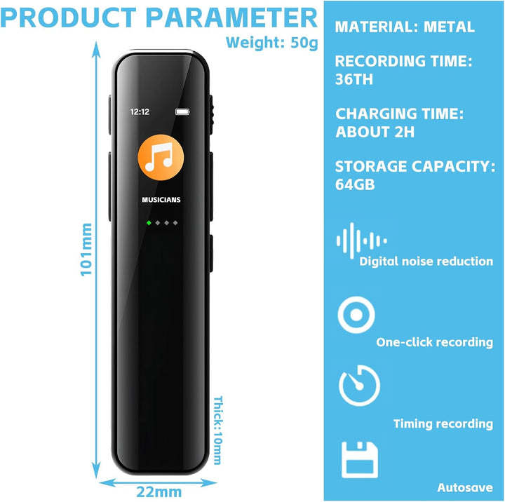 Diktiergerät Mini 64GB, Aufnahmegerät, Digitales Diktiergerät Mit Rauschunterdrückung, Audio Recorde