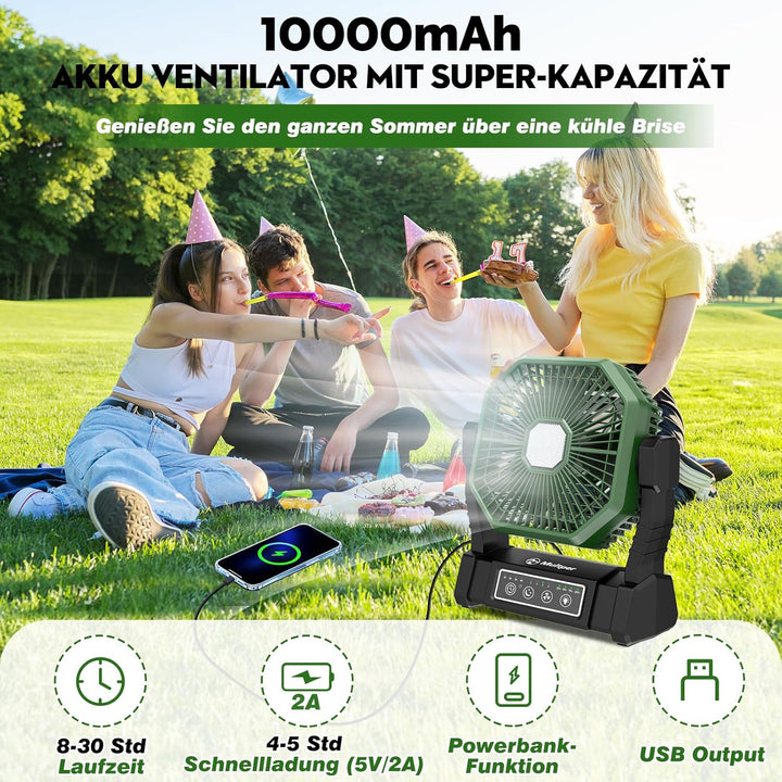 Multper Campingventilator mit LED-Licht, 20000 mAh Wiederaufladbarer Outdoor Zeltventilator mit Hake