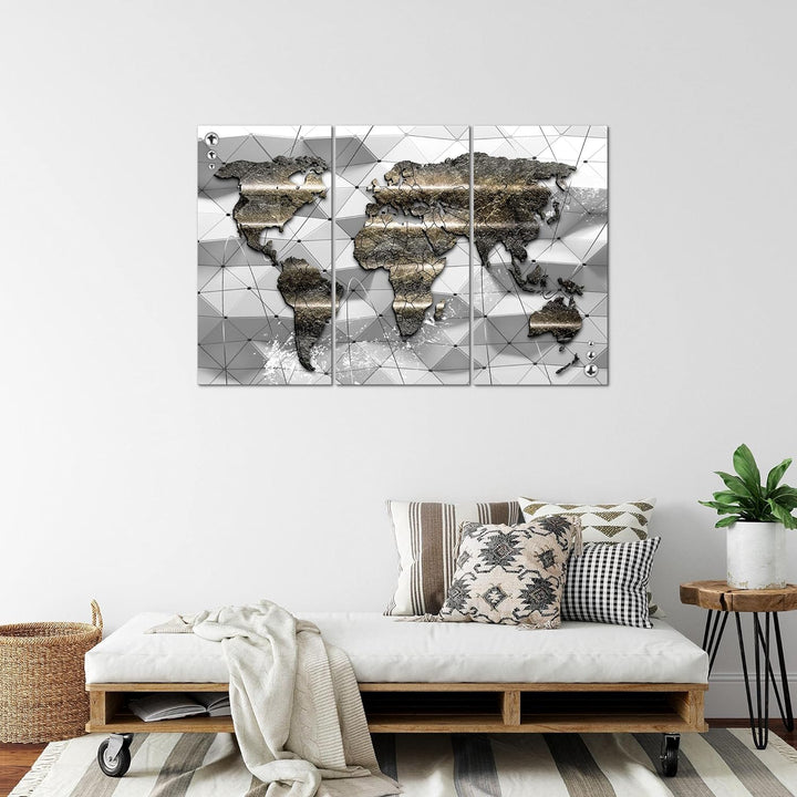 Runa Art Wandbilder Weltkarte Bild XXL Büro Wohnzimmer Grau 3D Effekt 120 x 80 cm 3 Teilig 005231c 1