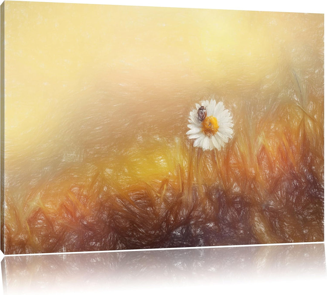 Pixxprint Gänseblümchen Marienkäfer / 100x70cm Leinwandbild bespannt auf Holzrahmen/Wandbild Kunstdr
