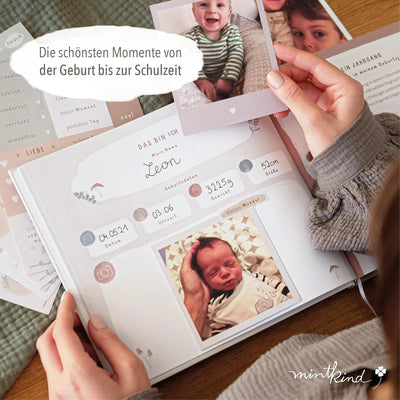 mintkind® "Meine Kindheit" Erinnerungsalbum Beige + Sticker Set I deine ersten 10 Jahre I Fotoalbum