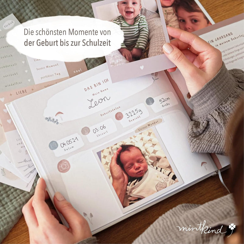 mintkind® "Meine Kindheit" Erinnerungsalbum Beige + Sticker Set I deine ersten 10 Jahre I Fotoalbum