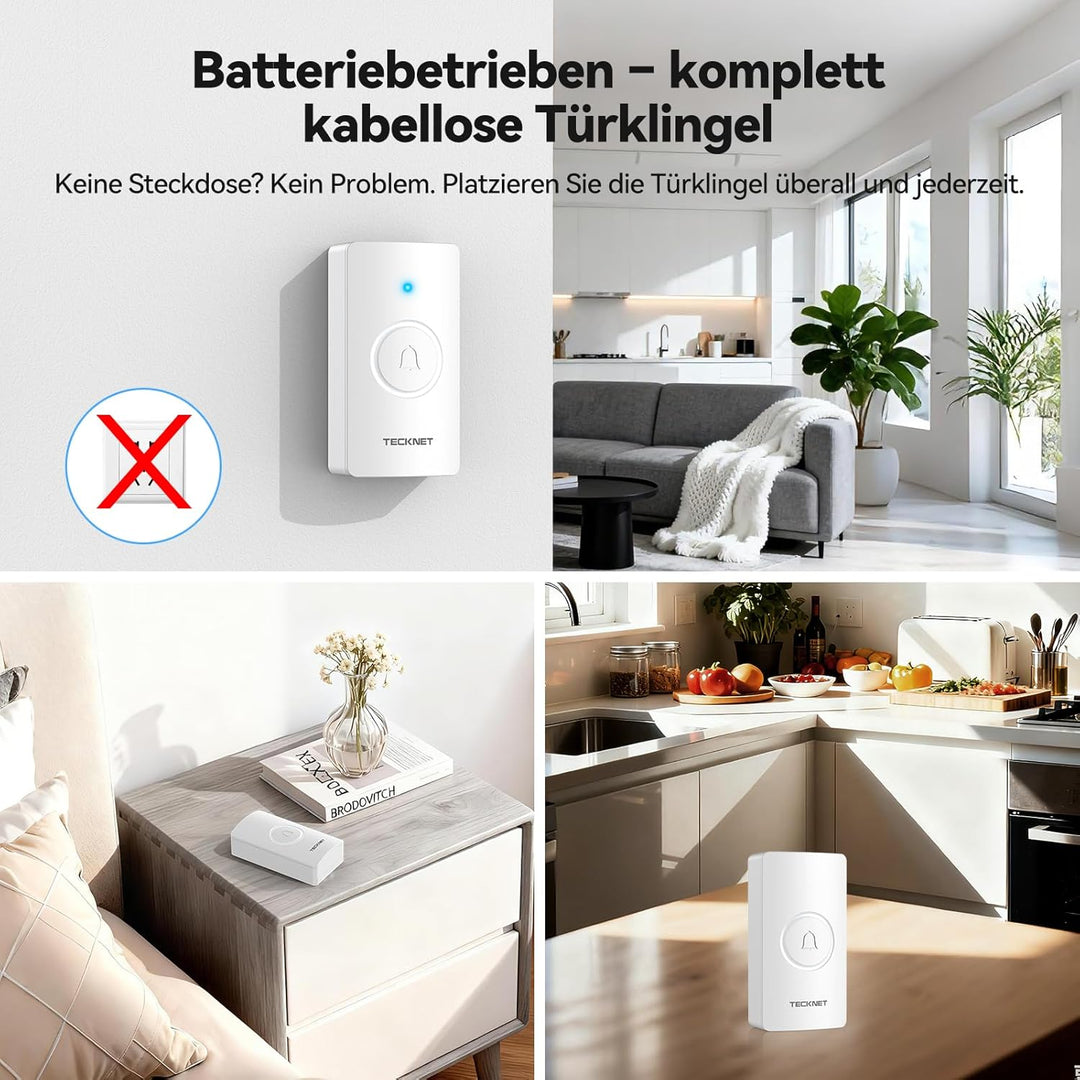 TECKNET Funkklingel, Batteriebetriebene Türklingel mit 4 Empfängern & 2 Sendern, Haustür Klingel Set