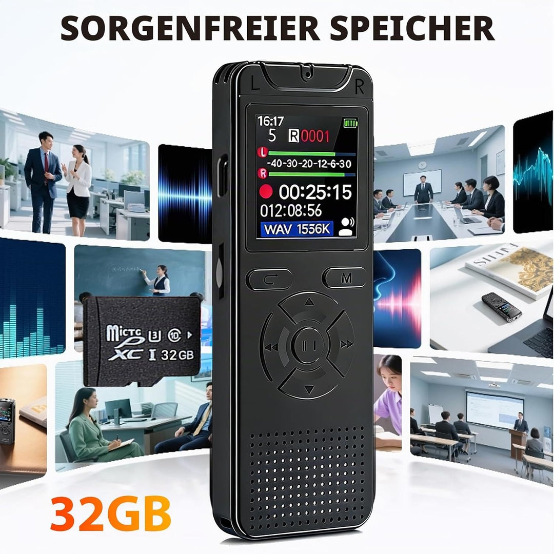 Diktiergerät Aufnahmegerät mit Playback 32GB, 1536Kpbs Stunden Audioaufnahmegerät MP3 Voice Recorder
