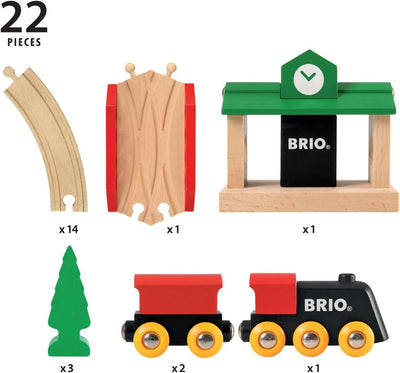 BRIO 33028 - Bahn Acht Set Classic Line - Zwei Schienenkreise mit Frachtzug, Holzbahnhof und Holzbrü