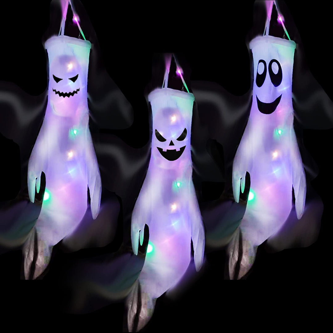 3 Stück Halloween Deko Geist mit Bunt LED Lichtern, 120x50cm Halloween Deko Outdoor Innen Ghost Wind
