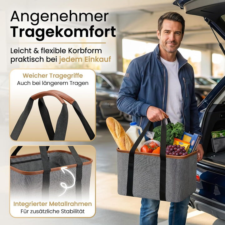 Selinchen® - Premium Einkaufskorb | Hochwertige Einkaufstasche faltbar und mit PU-Ledergriff | Ideal
