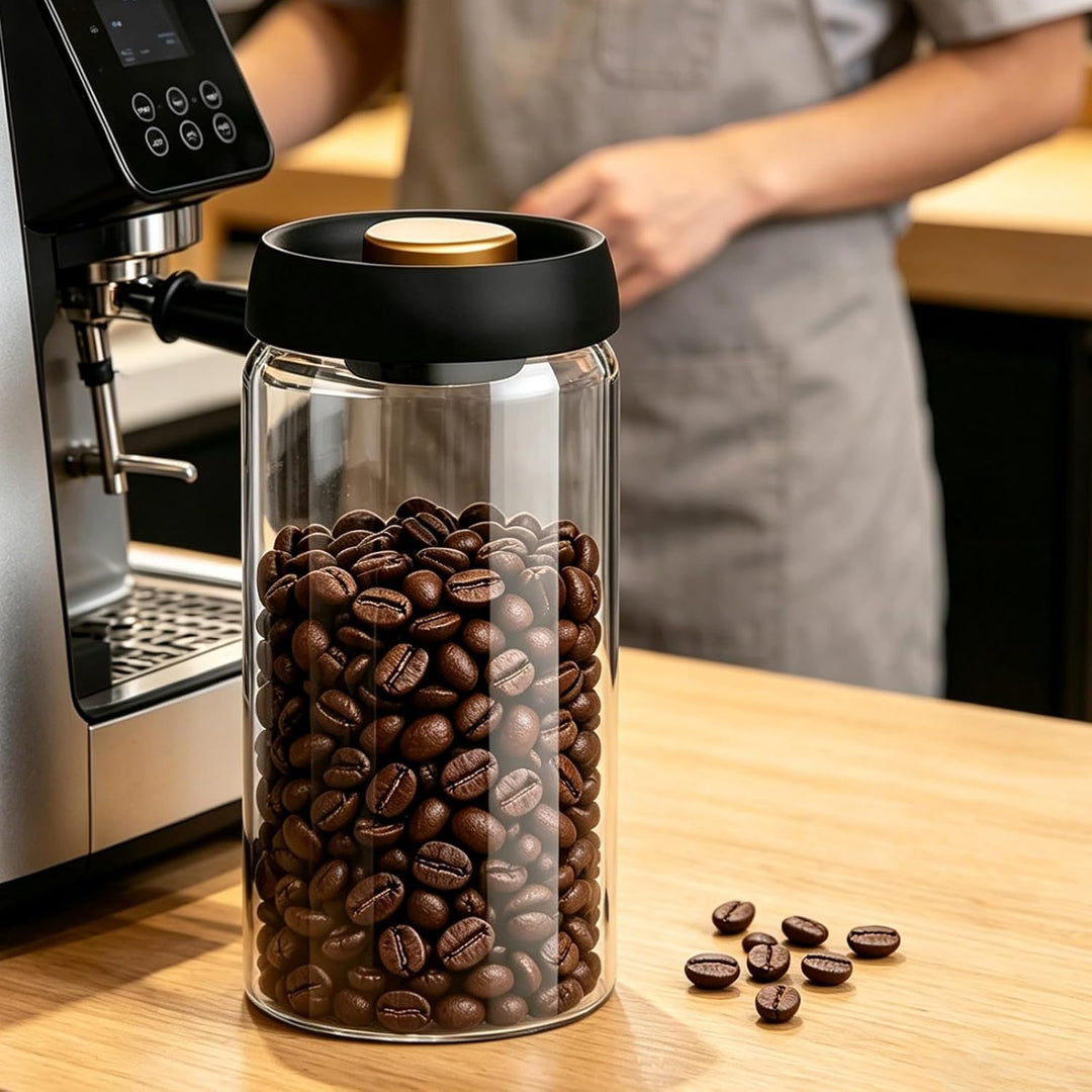 Kaffeedose 1800 ml – Vakuum-Kaffeedose aus Borosilikatglas (schwarz-gold) Kaffeebohnenbehälter, geei