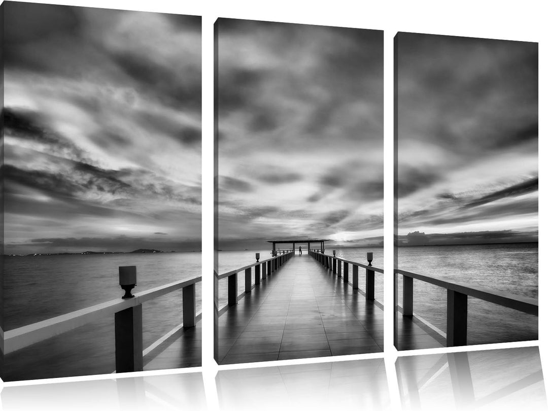 Pixxprint Monocrome, Langer Steg mit verträumtem Himmel 3-Teiler Leinwandbild 120x80 Bild auf Leinwa