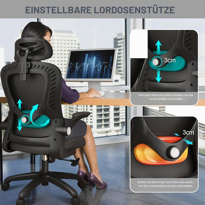 LEVIPE Bürostuhl Ergonomisch, Schreibtischstuhl mit Lendenwirbelstütze, Armlehnen, Verstellbare Kopf