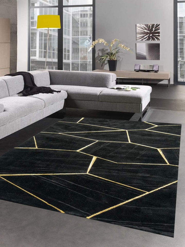 CARPETIA Teppich Wohnzimmer geometrisches Muster schwarz Gold Grösse 60x110 cm, 60x110 cm