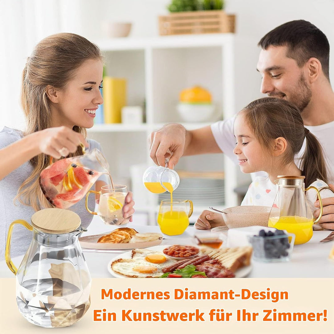DUJUST Glaskaraffe mit Bambus Deckel 2 Liter, Wasserkaraffe im Modernen Diamant Design, Glaskrug mit