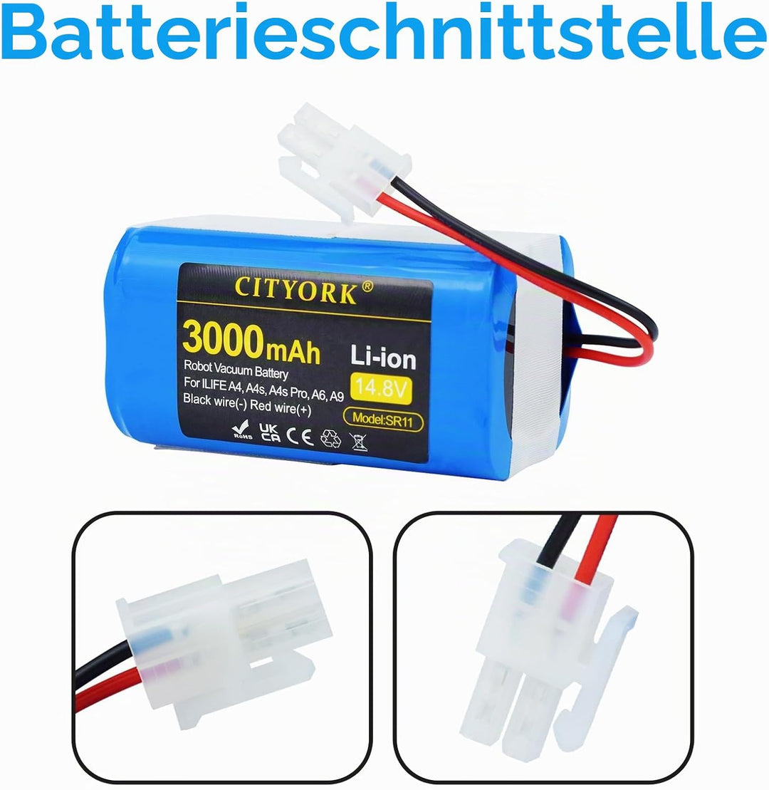 CITYORK 3000mAh Akku für Zaco iLifeA4, A4s, A4s Pro, V7, V7S, V7 Plus/Pro, A6, A7, A8, A9, A10, A10