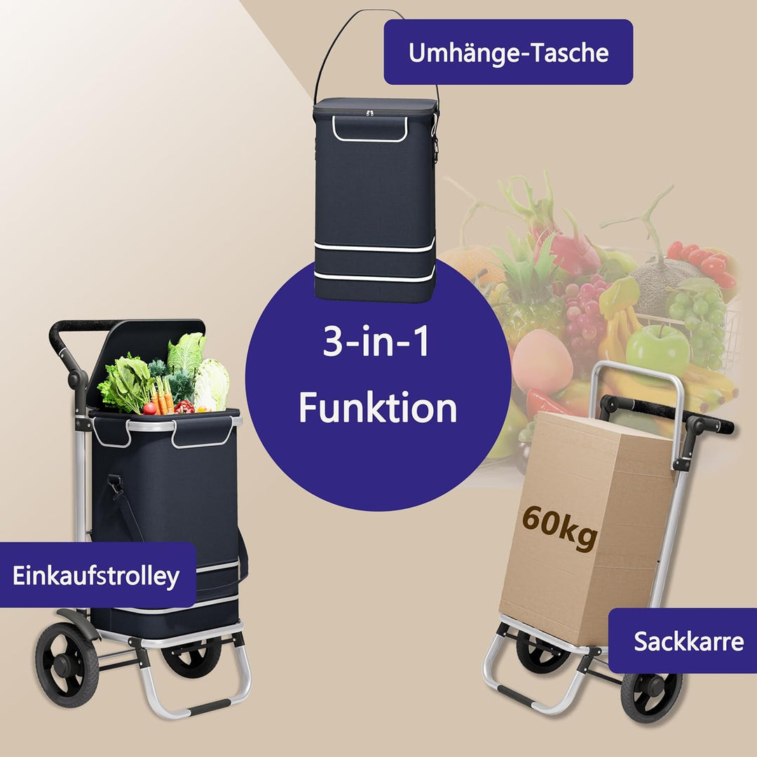 Einkaufstrolley 64L gross, Einkaufstasche mit Rollen klappbar, Einkaufswagen bis 60kg, Trolley mit K