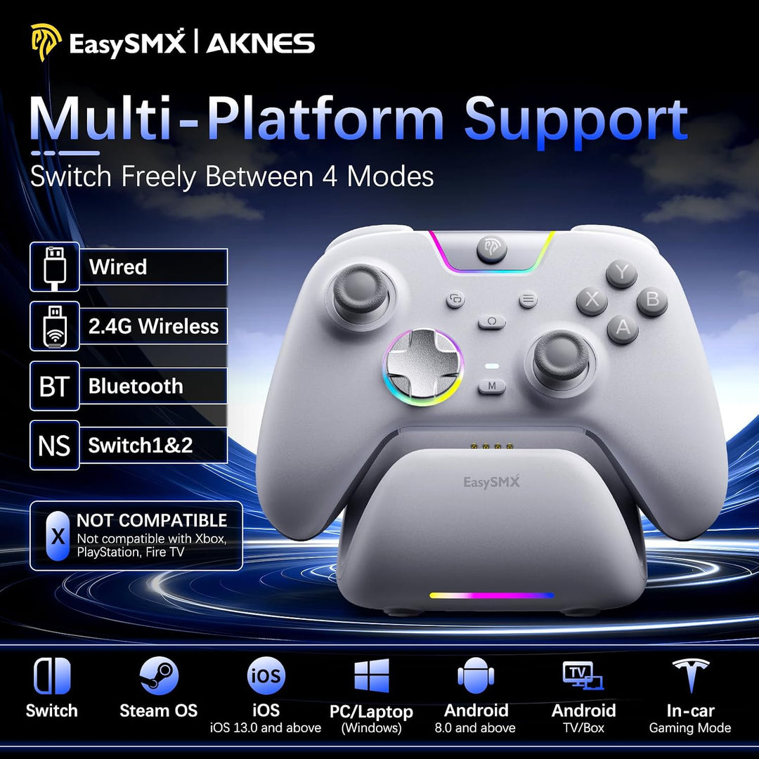 AKNES EasySMX X05Pro PC-Controller für PC/Switch/Android/iOS (Weiss) | Leise Spieltasten, Hall-Joyst
