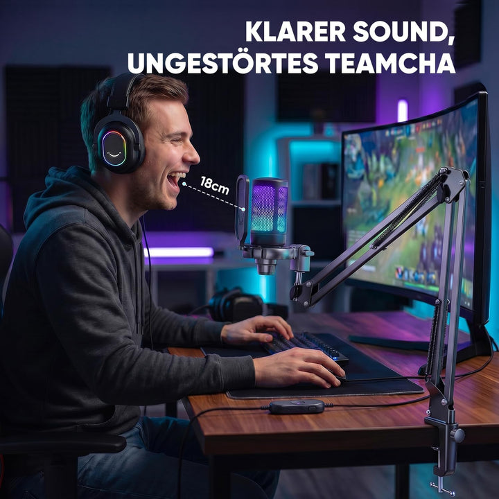 FIFINE Gaming Mikrofon PC mit Arm, Typ A/C USB Microphone Kit mit Stummschalttaste für Podcast Strea