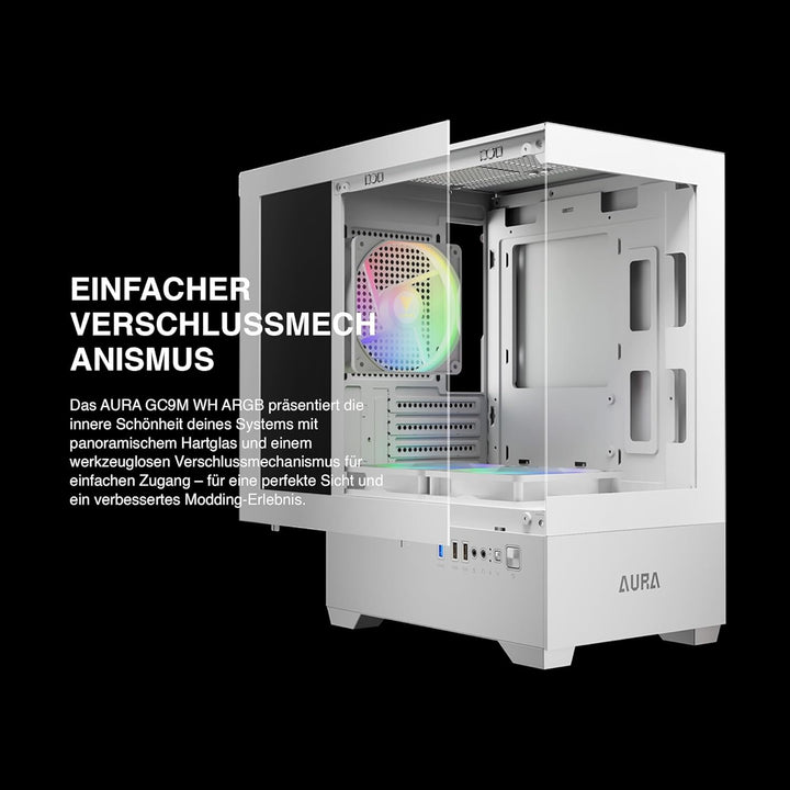 GAMDIAS Aura GC9M ARGB WH M-ATX Micro Tower PC-Gehäuse, Nahtloses Seitenteil aus Gehärtetem Glas, 3