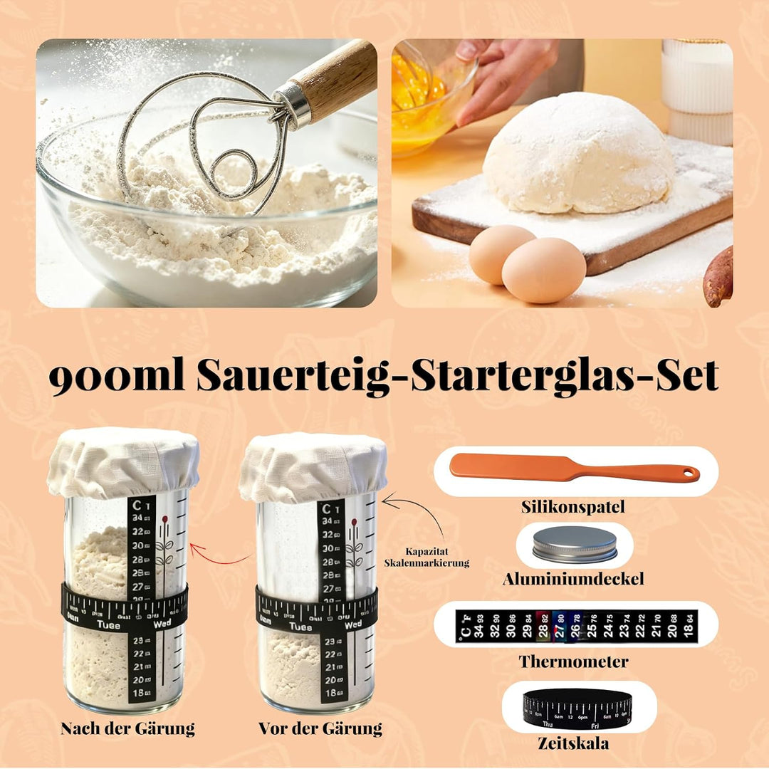 Sauerteig Starter Set mit 2 Gärkörbchen Natürlichem Rattan (25cm Ovale & 23cm Runde) 900ml Glasgefäs