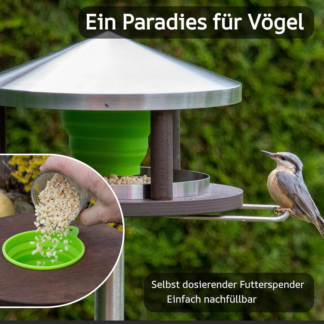 LicusDesign Vogelhaus mit Ständer wetterfest aus Edelstahl - Stabiles Vogelfutterhaus für draussen,