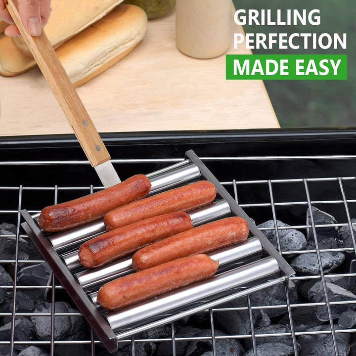 KAYCROWN Hot Dog Roller Edelstahl Wurstroller Rack mit extra langem Holzgriff, BBQ Hot Dog Griller f