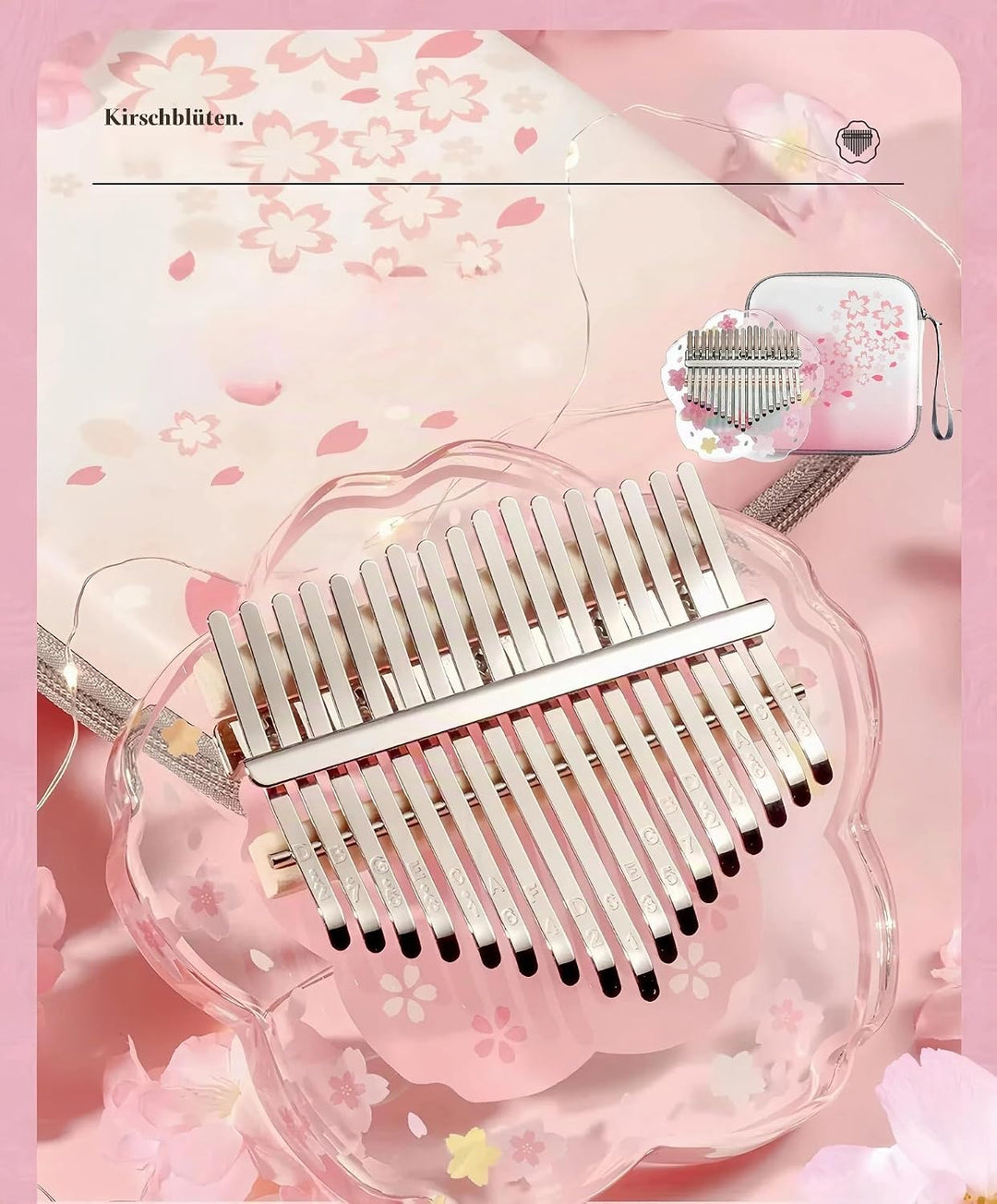 Kalimba Daumenklavier 21 Töne mit Schutzcase Komplett-Set, Sakura-Form Transparentes Kristall-Kalimb