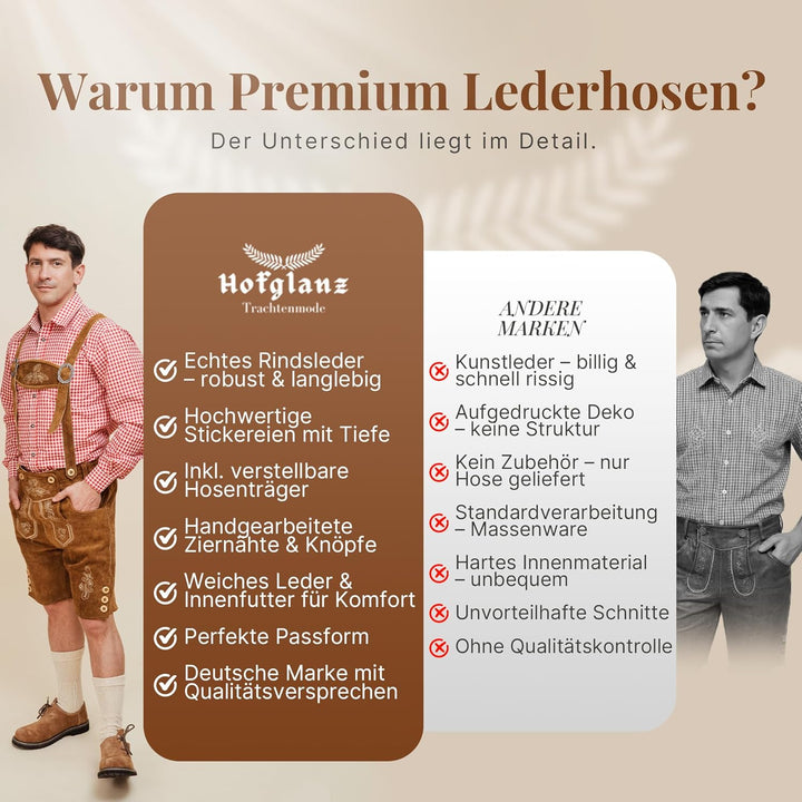 HOFGLANZ® Trachten Lederhose Herren Kurz - Hochwertige Trachtenhose für Herren mit Hosenträgern - Tr