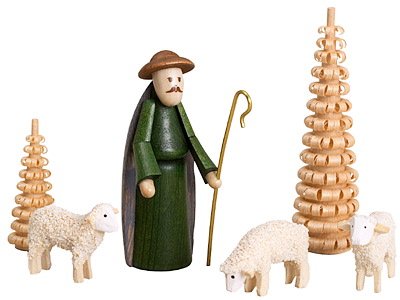 Rudolphs Schatzkiste Miniaturfiguren Schäfer mit Schafen und Bäumen bunt Höhe 6,5cm NEU Weihnachten