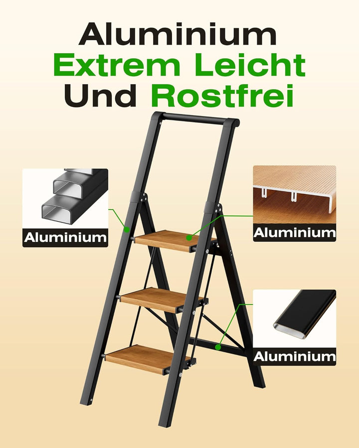 Trittleiter 3 Stufen klappbar,Tritthocker aus Aluminium | Leiter mit Handlauf,150kg Tragfähigkeit,An