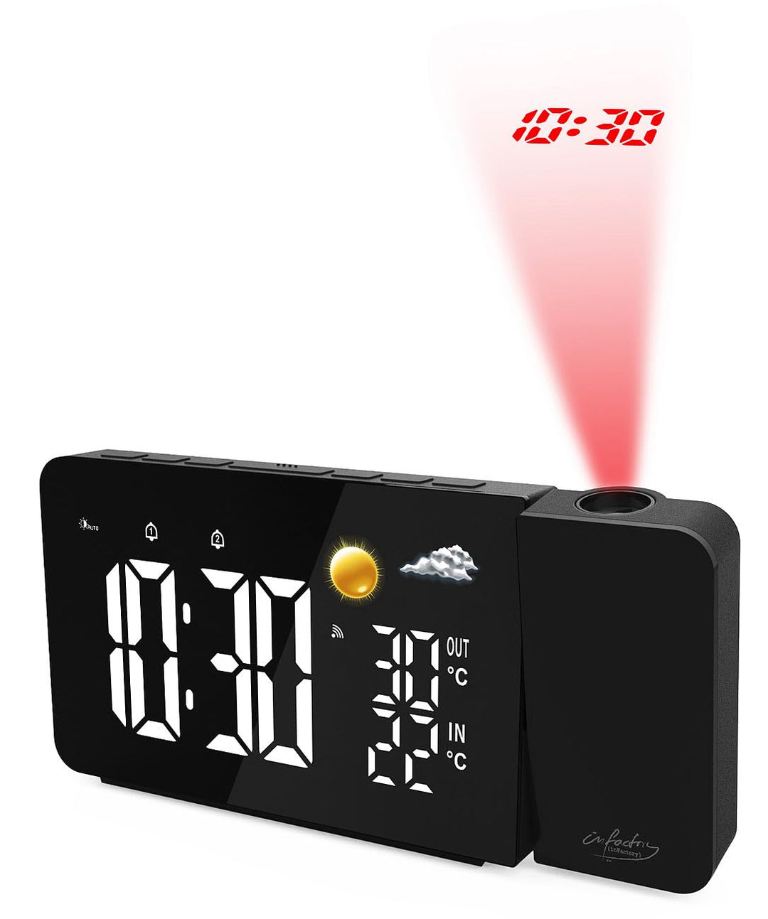 infactory Uhr Projektor: Funk-Wetterstation mit Projektionswecker, Aussensensor, USB, schwarz (Duala