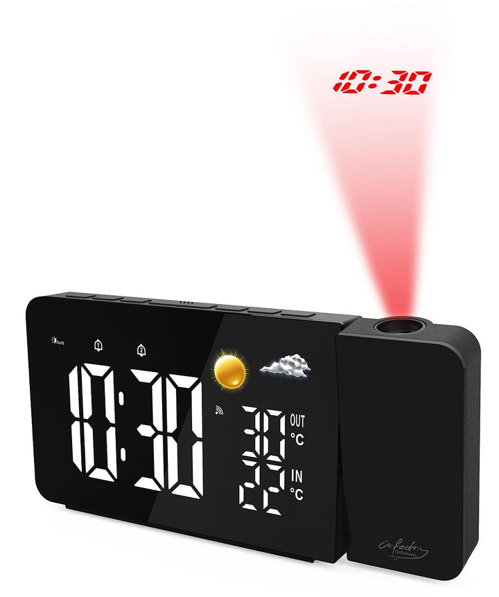 infactory Uhr Projektor: Funk-Wetterstation mit Projektionswecker, Aussensensor, USB, schwarz (Duala
