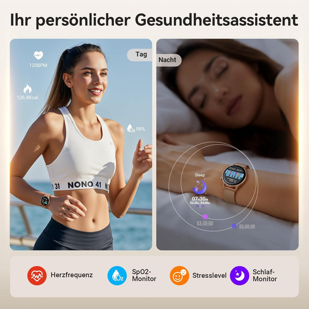 Smartwatch Damen Herren Rund mit Telefonfunktion- 1.32" AMOLED Display, Fitnessuhr mit 110+ Sportmod