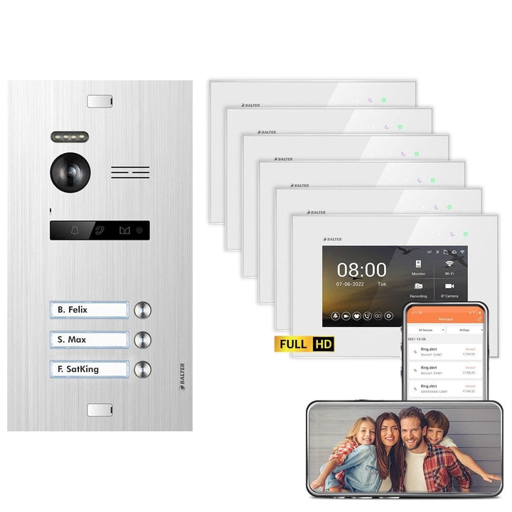 Nonic Balter EVO HD Silber/Weiss WiFi Video Türsprechanlage Set für 3 Familienhaus (1x Türstation mi