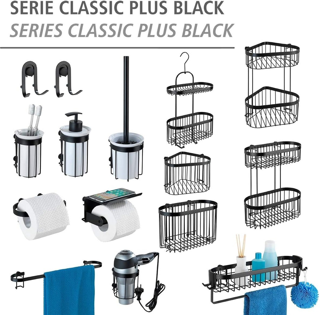 WENKO Wandablage mit Haken Classic Plus Black, Stahl, 35 x 10.5 x 12.5 cm, Schwarz Uno mit Haken Sin