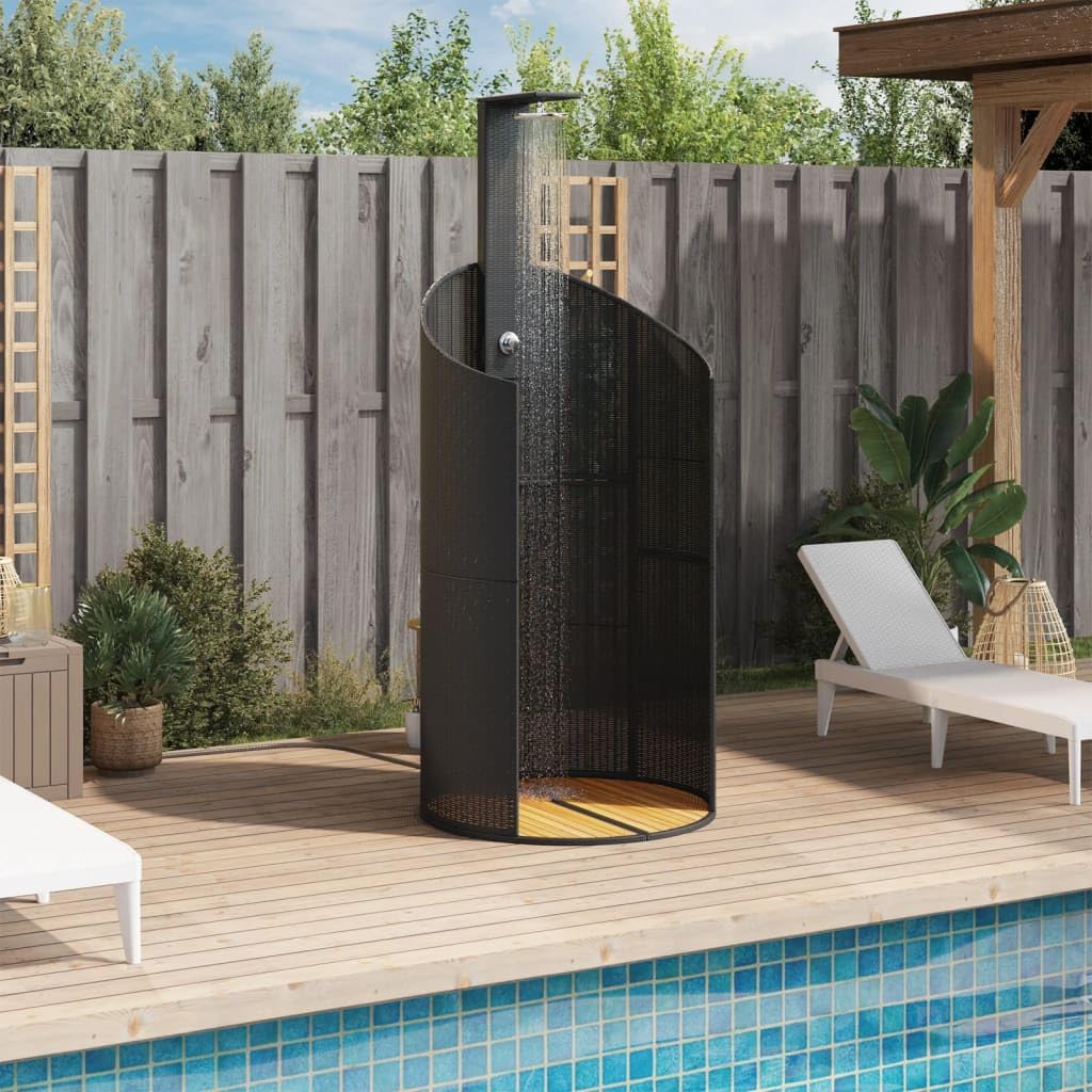 Faroom Rattan Gartendusche mit 180° Regenduschkopf Grosser Pooldusche mit Lattenboden Outdoor Dusche